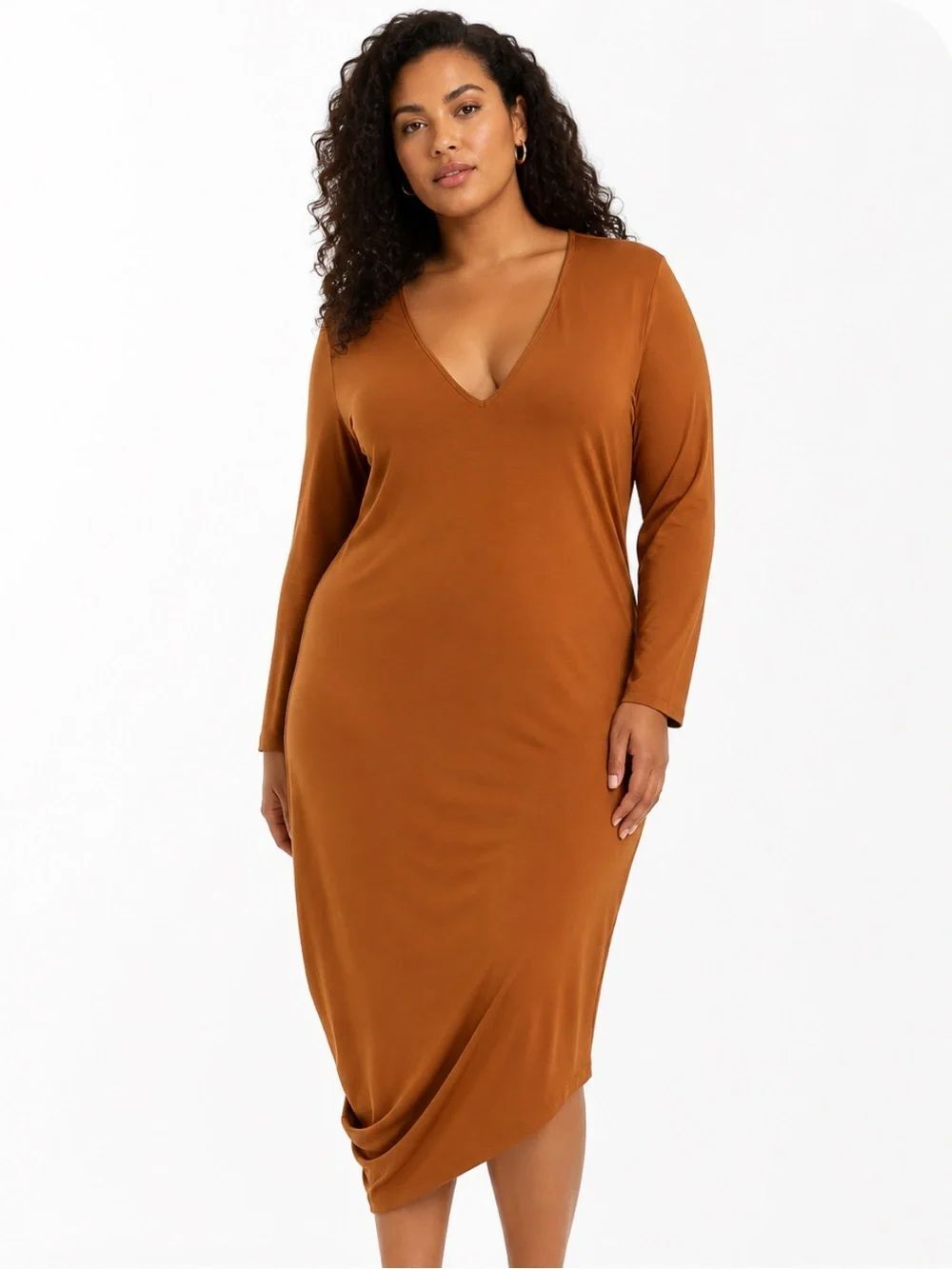UNIVERSAL STANDARD Cotton V-Neck Long Sleeve Rust Midi Dress Size S